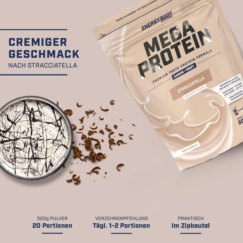 Mega Protein Stracciatella, Eiweißshake Proteinpulver mit Whey & Casein, 500 g