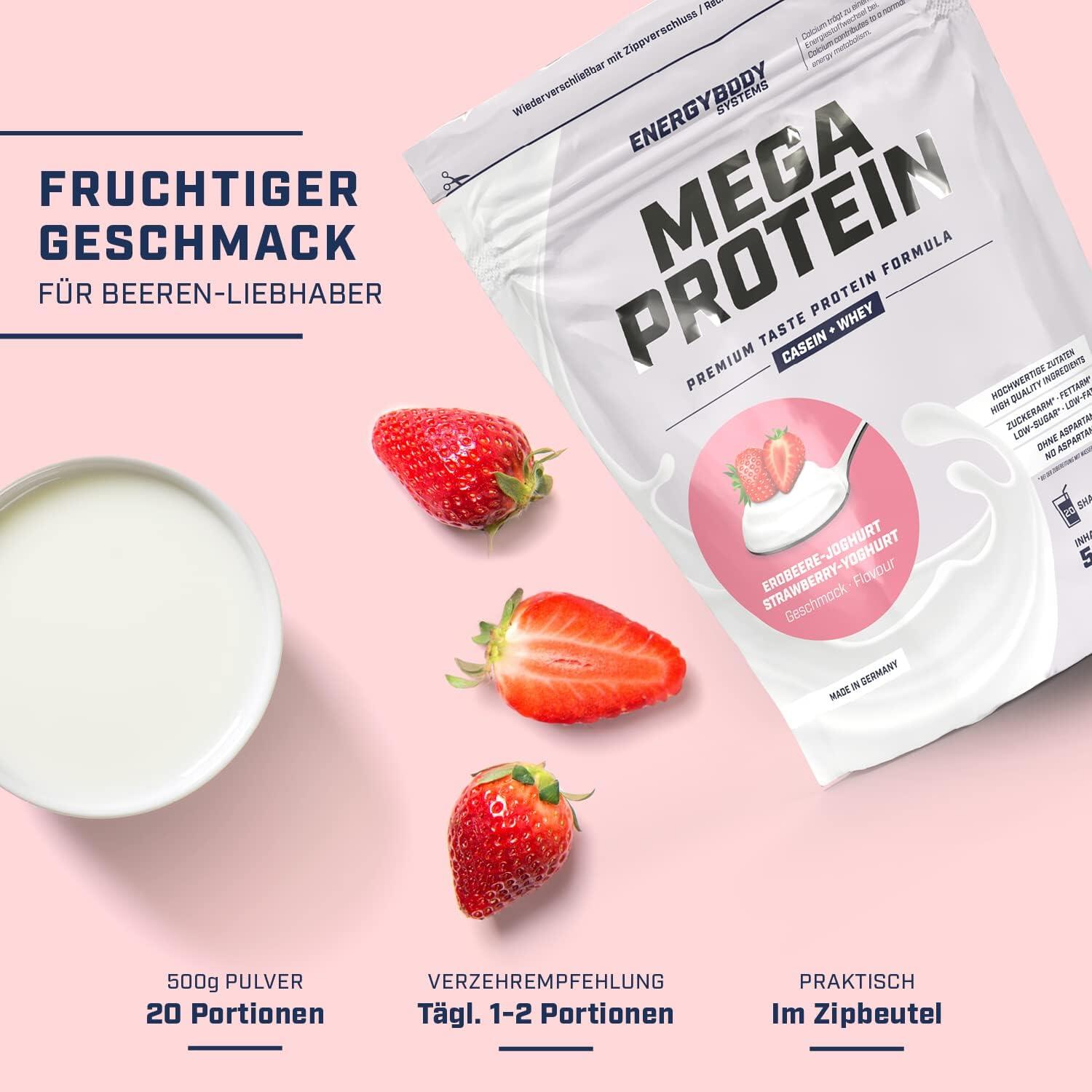 Mega Protein Erdbeere-Joghurt, Eiweißshake Proteinpulver mit Whey & Casein, 500 2/4