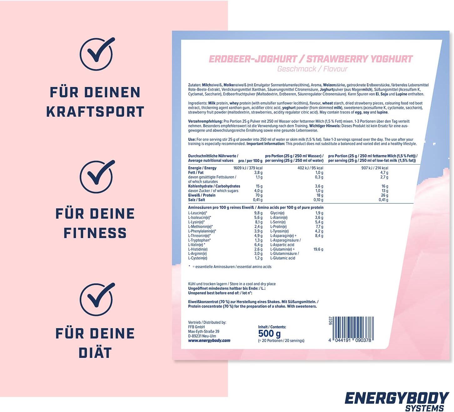 Mega Protein Erdbeere-Joghurt, Eiweißshake Proteinpulver mit Whey & Casein, 500 3/4