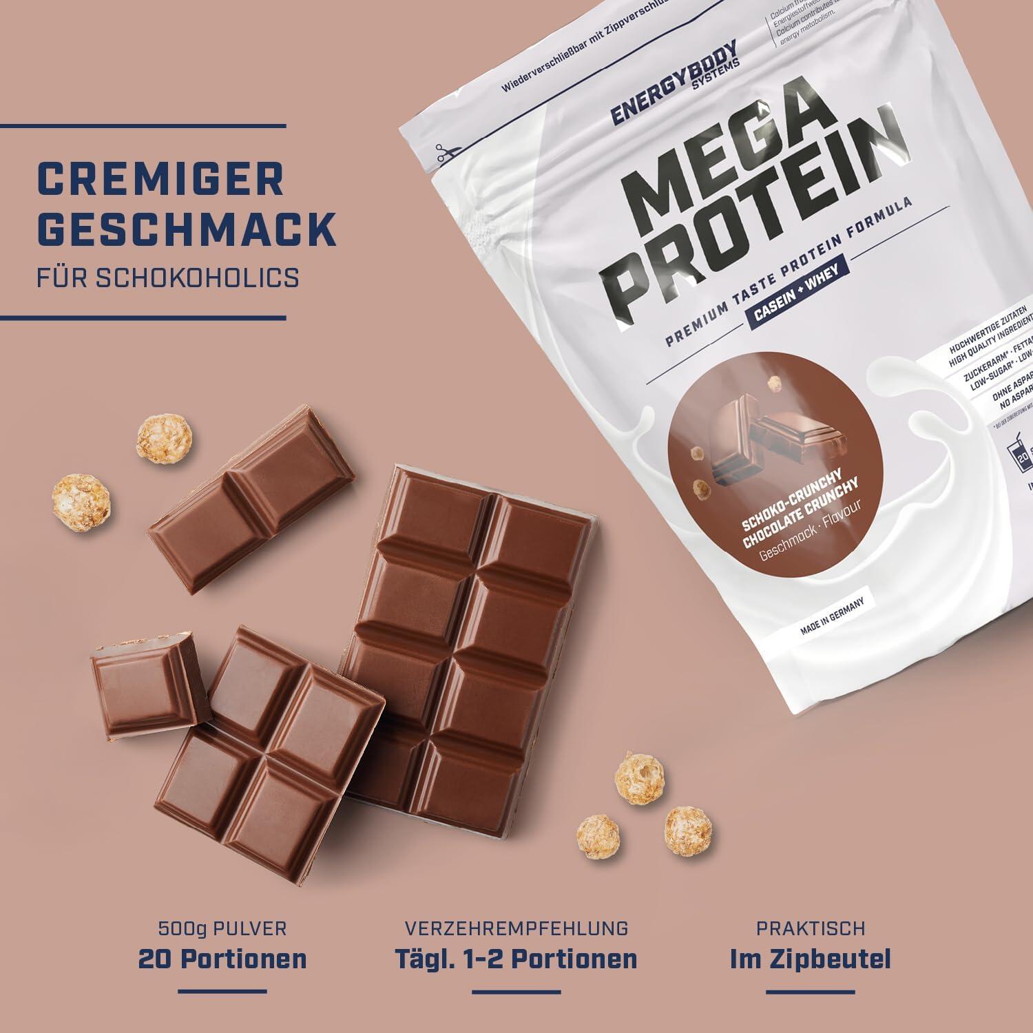Mega Protein Schoko-Crunchy, Eiweißshake Proteinpulver mit Whey & Casein, 500 g 2/4