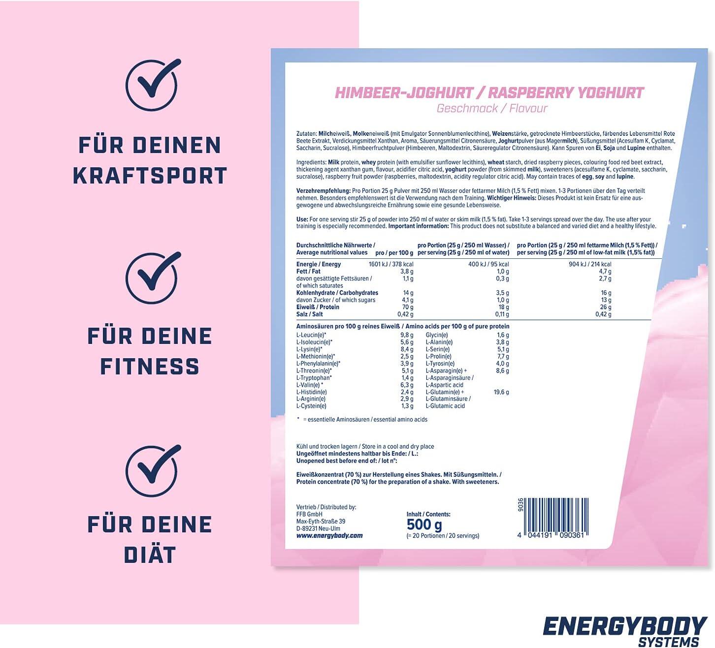 Mega Protein Himbeere-Joghurt, Eiweißshake Proteinpulver mit Whey & Casein, 500 3/4