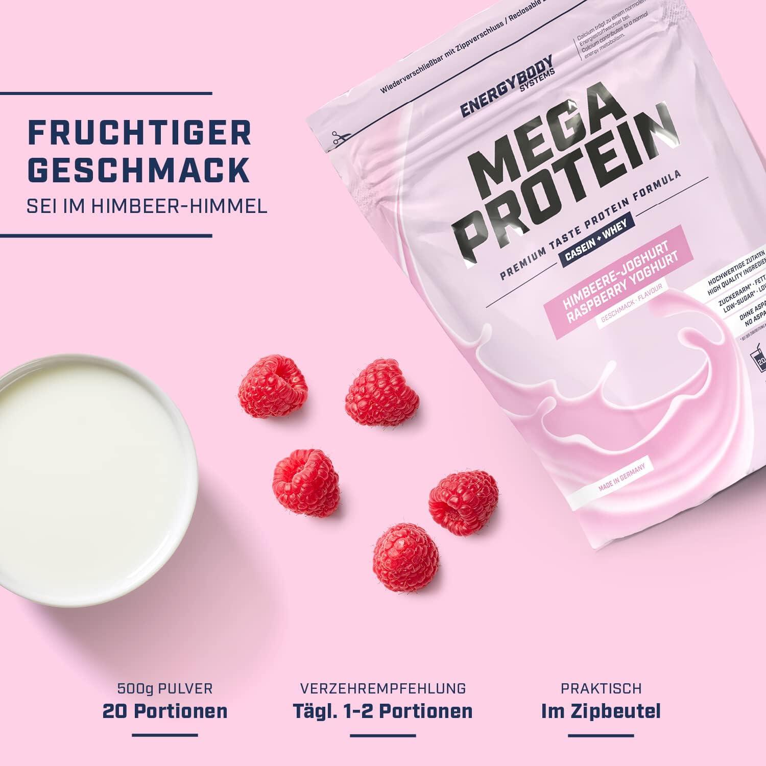 Mega Protein Himbeere-Joghurt, Eiweißshake Proteinpulver mit Whey & Casein, 500 2/4