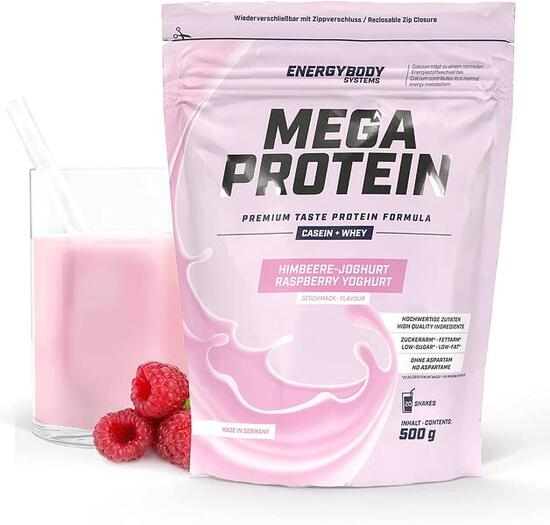 Mega Protein Himbeere-Joghurt, Eiweißshake Proteinpulver mit Whey & Casein, 500