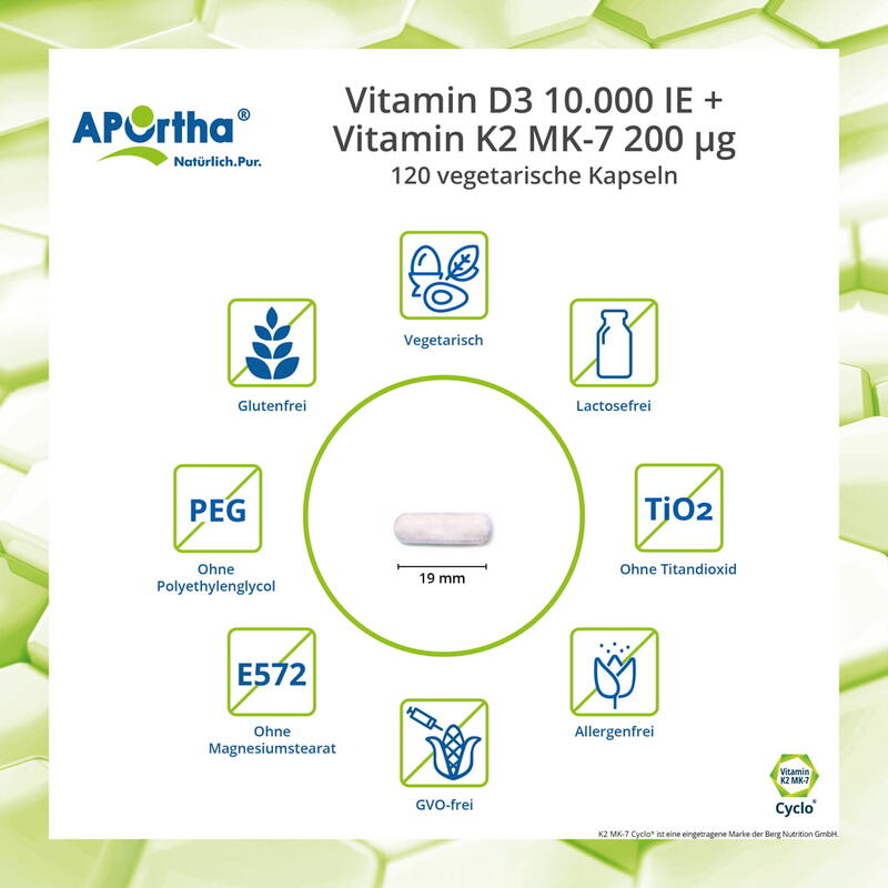 Vitamin D3 10.000 IE + Vitamin K2 MK-7 Cyclo® 200 µg - 120 vegetarische Kapseln