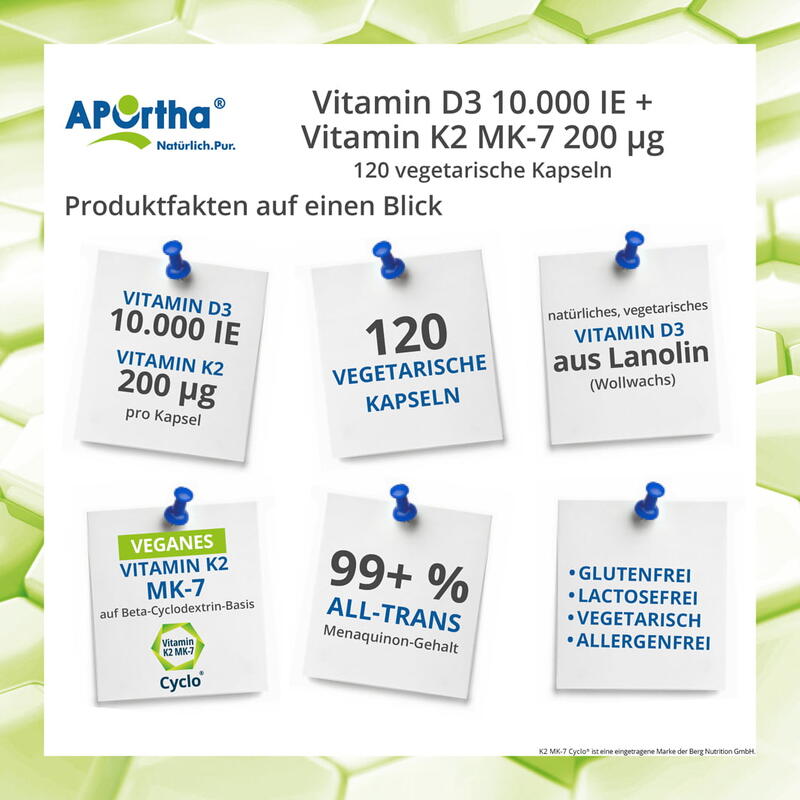 Vitamin D3 10.000 IE + Vitamin K2 MK-7 Cyclo® 200 µg - 120 vegetarische Kapseln