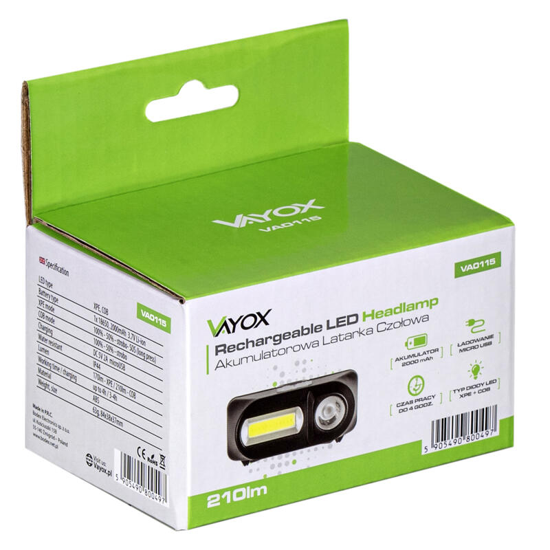 Vayox VA0115 oplaadbare hoofdlamp, 210lm