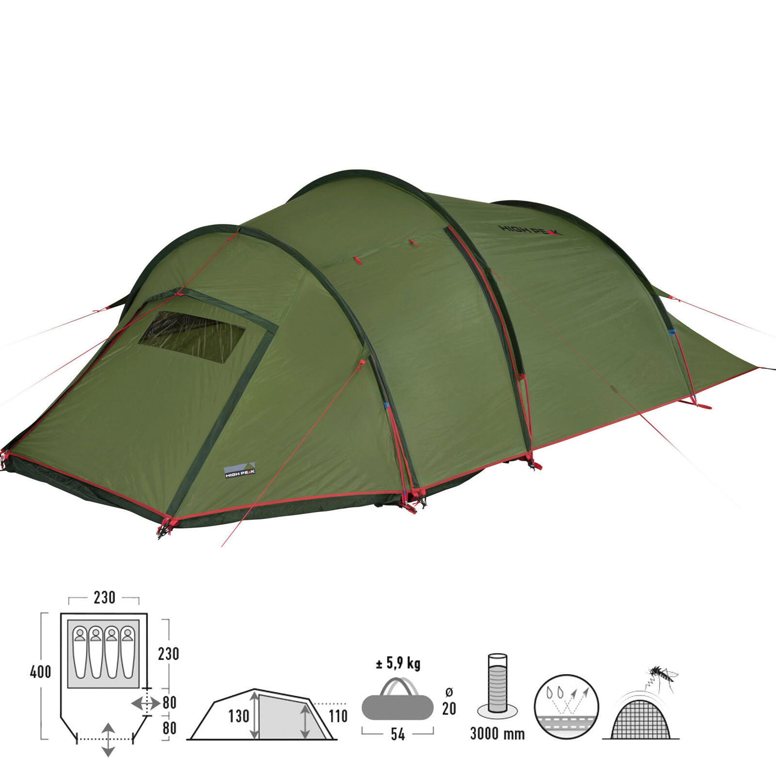 Tenda túnel High Peak Falcon 4, com piso de tenda, 2 entradas 2/7