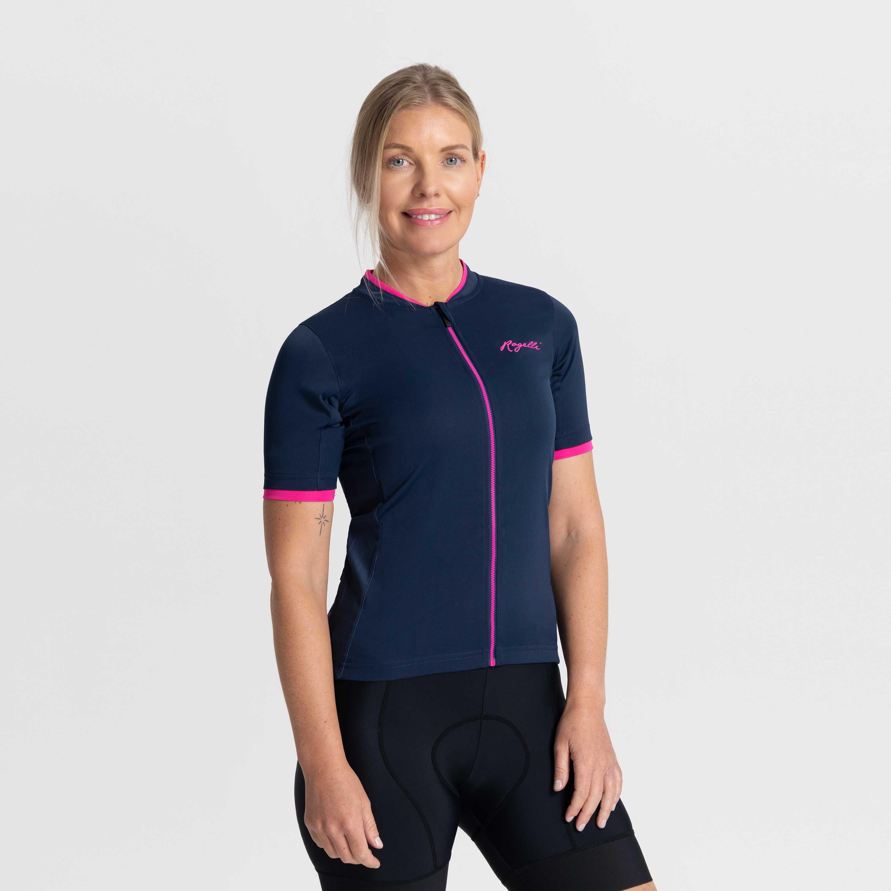 Rogelli - Maillot Manches Courtes Velo Femme - Essential - Maillot Manches Courtes - Bleu|rose - S - Decathlon