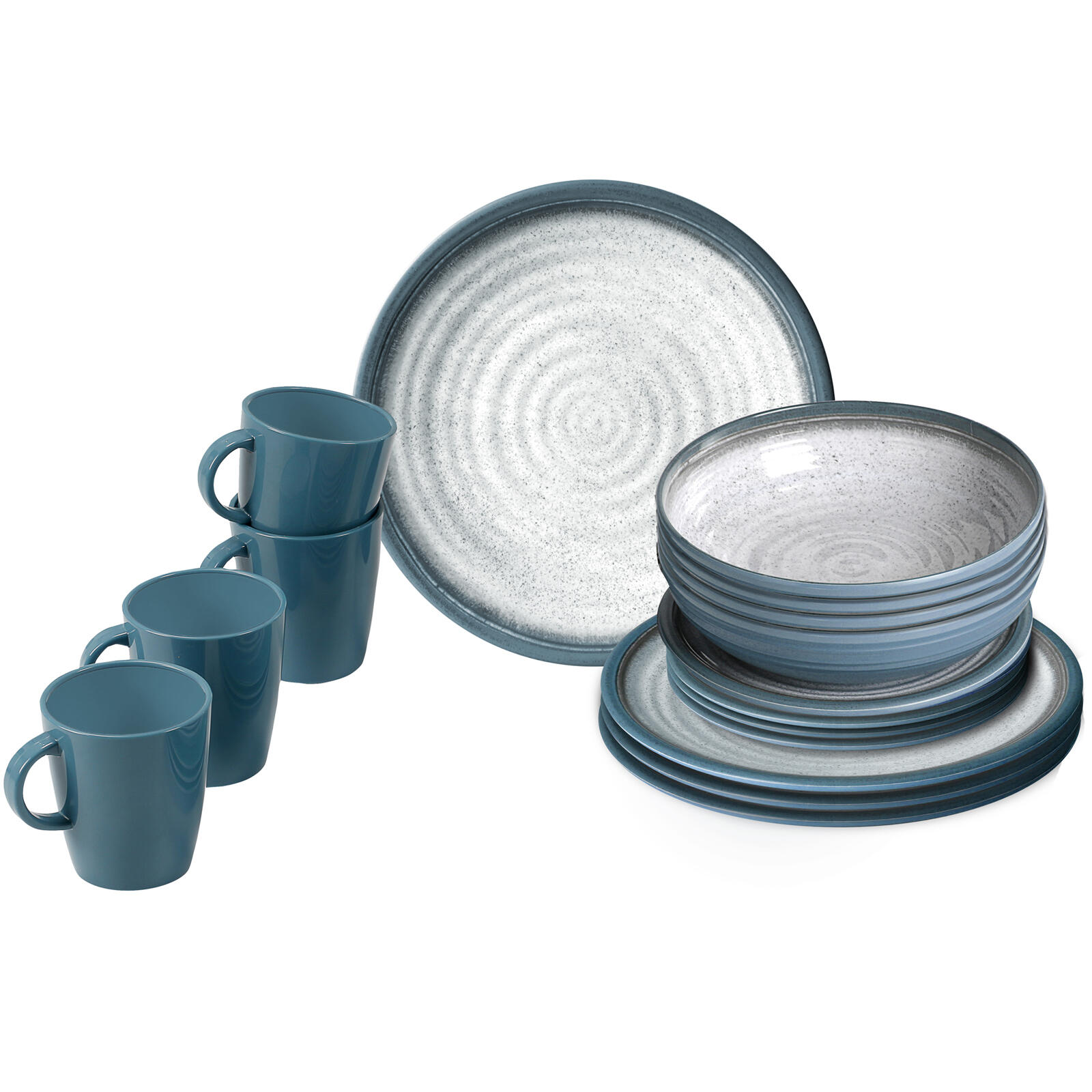 Brunner - Vaisselle De Camping Mélamine Set Lunch Box 16 Pièces Assiettes Voyage - Assiette - Bleu|gris - Taille Unique - Decathlon