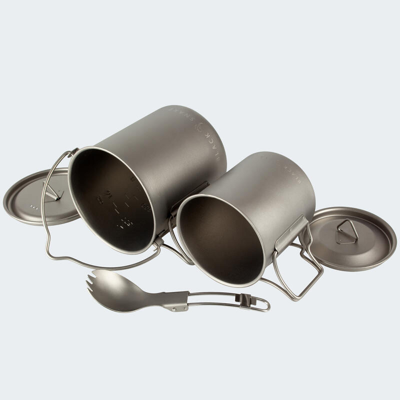 Batería de cocina senderismo | Ollas + cuchara/tenedor | Vajilla camping titanio