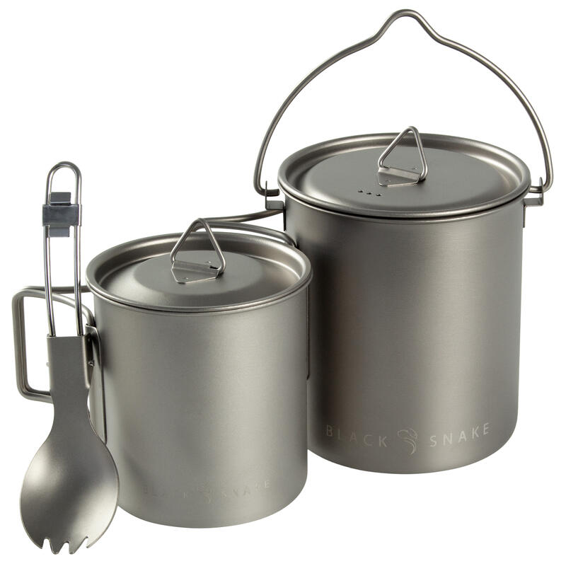 Batterie de cuisine de camping set | Casseroles + Fourchette/Cuillère | Titane