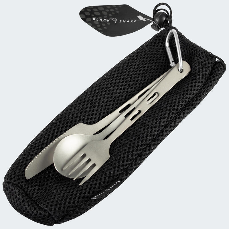 Cubiertos de camping | Tenedor, cuchillo, cuchara | Incl. bolsa | Titanio