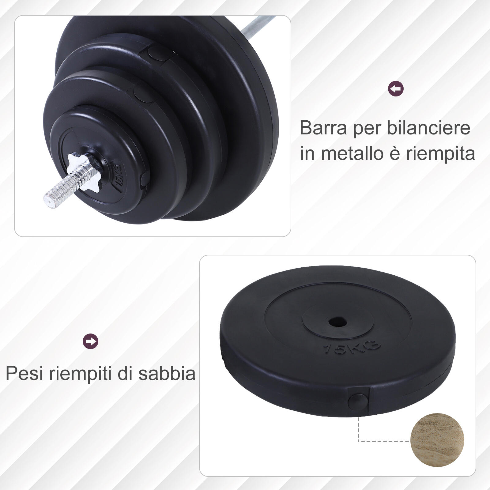 HOMCOM Set Bilanciere 170cm in Ferro Zigrinato con 8 Dischi Peso Regolabile 70kg 5/8