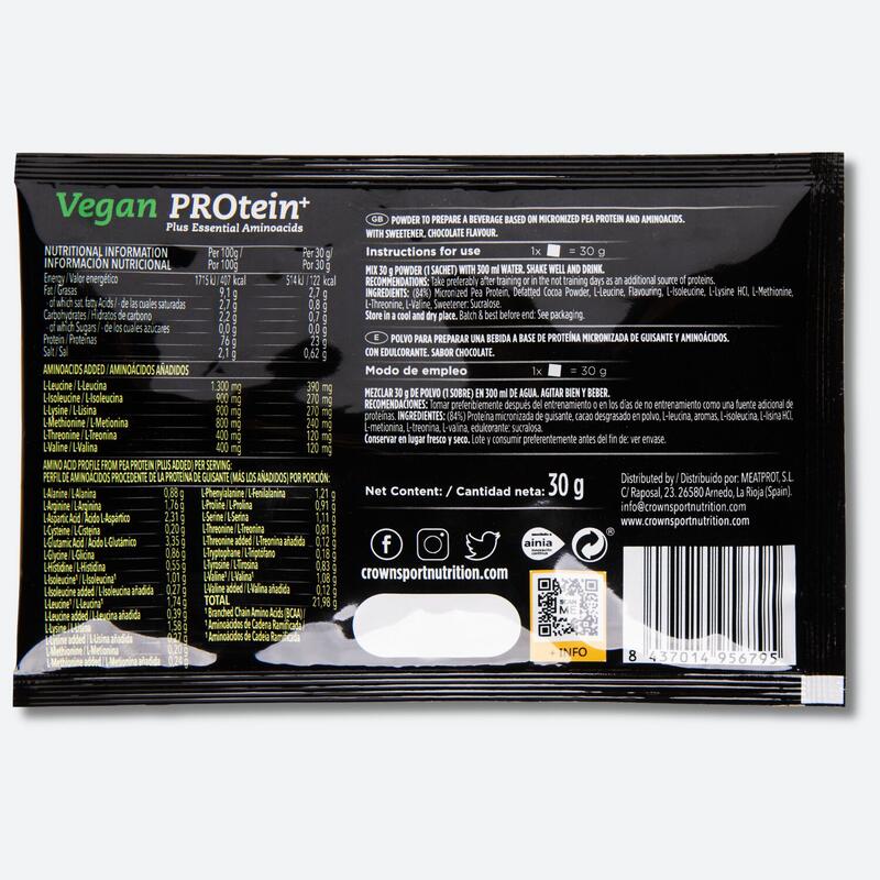 Caja con 12 sobres de concentrado de proteína Vegana ‘Vegan Protein+’ Chocolate