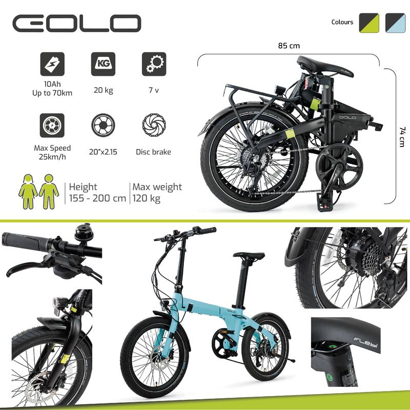 Bicicletta urbana pieghevole Eolo Celeste | Ruote da 20" | Batteria 10,4Ah
