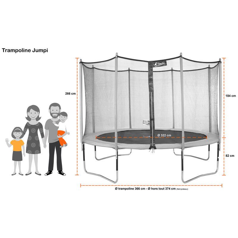 Trampoline de jardin 365 cm + filet de sécurité + échelle  JUMPI Taupe/Vert 360