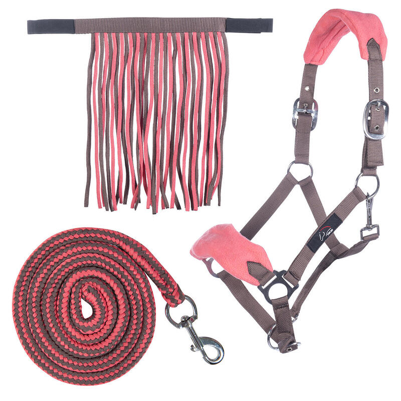 Pferd Halfter-Set mit Karabiner und Fliegenfransen mokka/milky pink