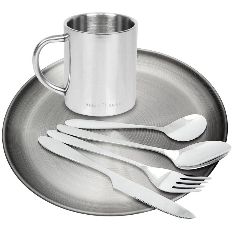 Camping couverts, assiette plate et tasse isotherme set | Acier inoxydable