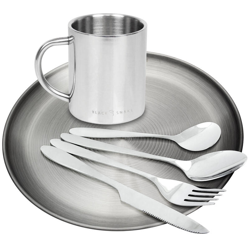 Kemping étkészlet 'lunch', lapos tányér és termo pohár, rozsdamentes acél
