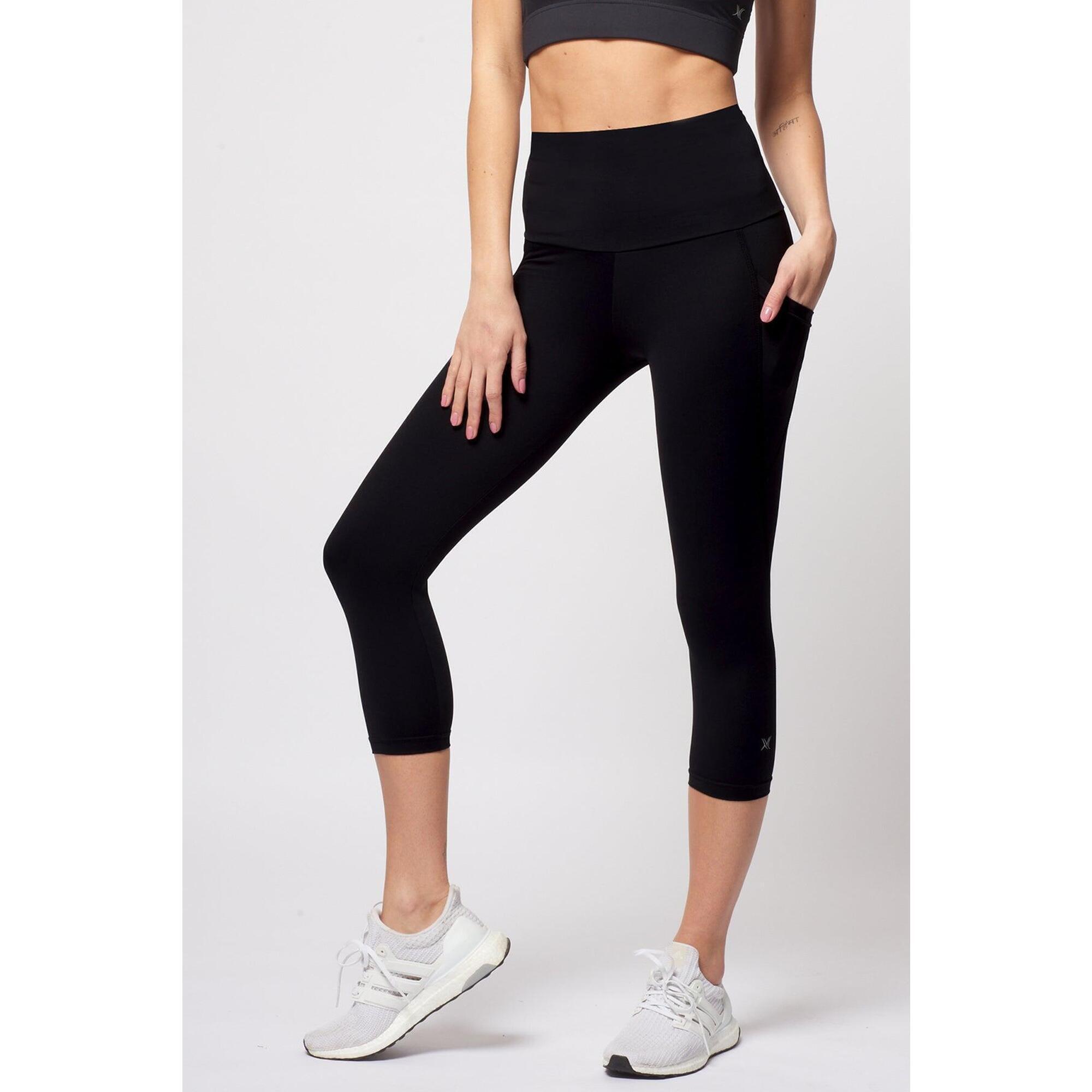 TLC SPORT Extra Compression Cropped Leggings with Tummy Control and Side Pockets Black