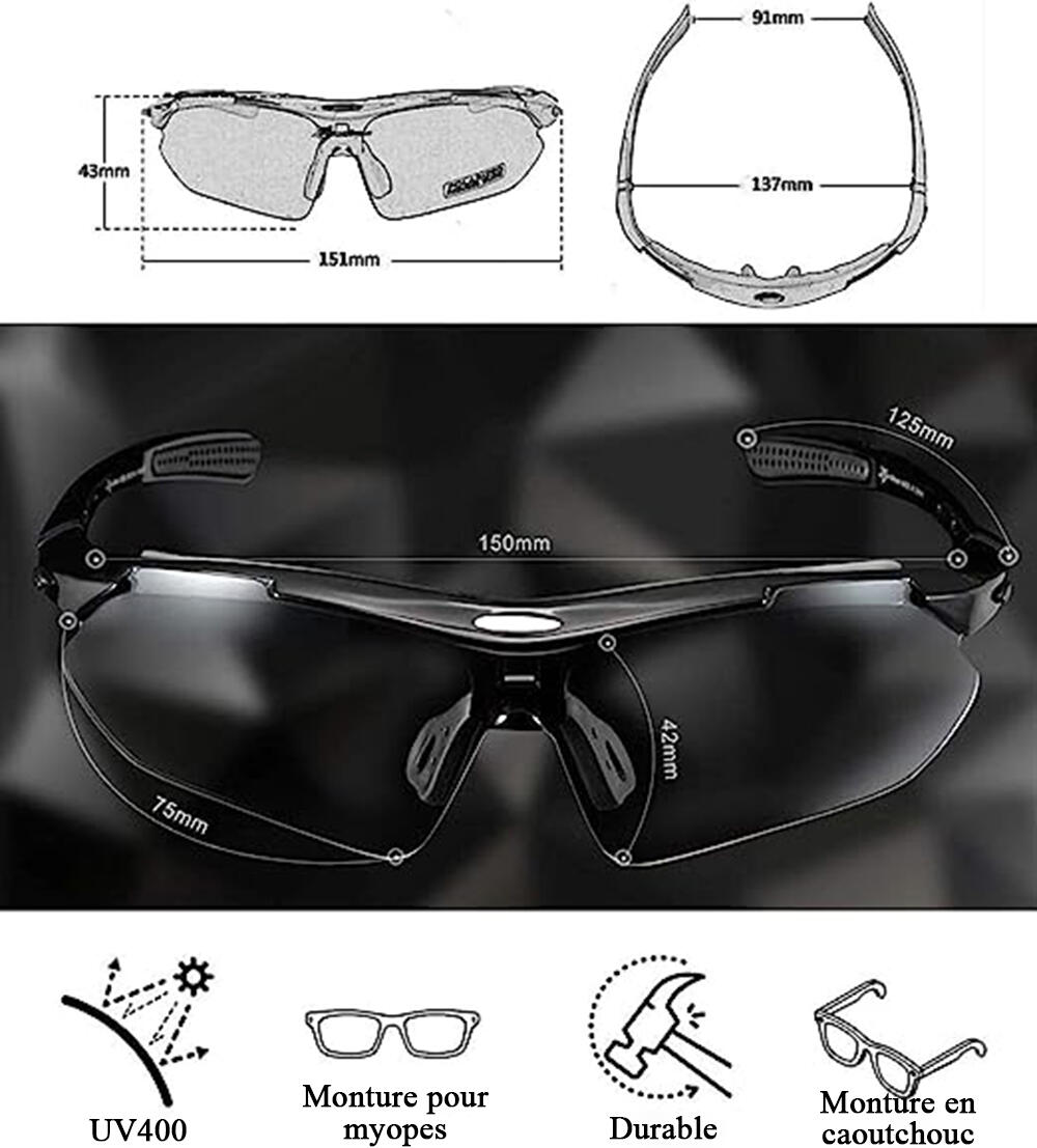 Lunettes de VTT Polarisées Lunette de Vélo avec 5 Verres Interchangeable Noir 3/8