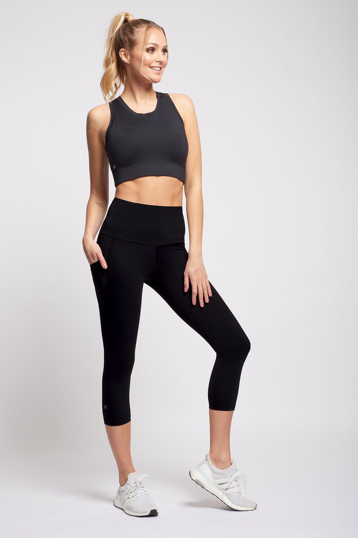 Extra Compression Cropped Leggings with Tummy Control and Side Pockets Black 2/4