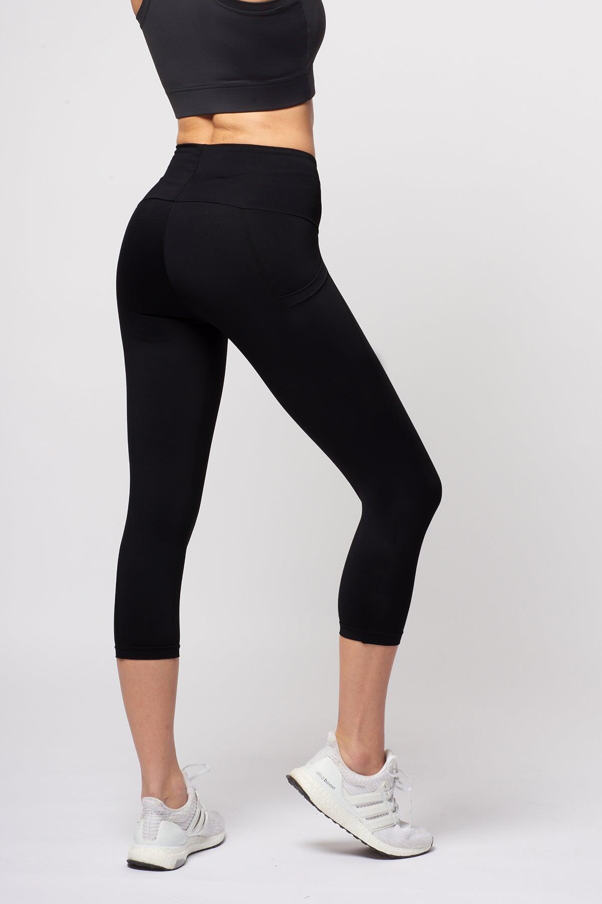 Extra Compression Cropped Leggings with Tummy Control and Side Pockets Black 3/4