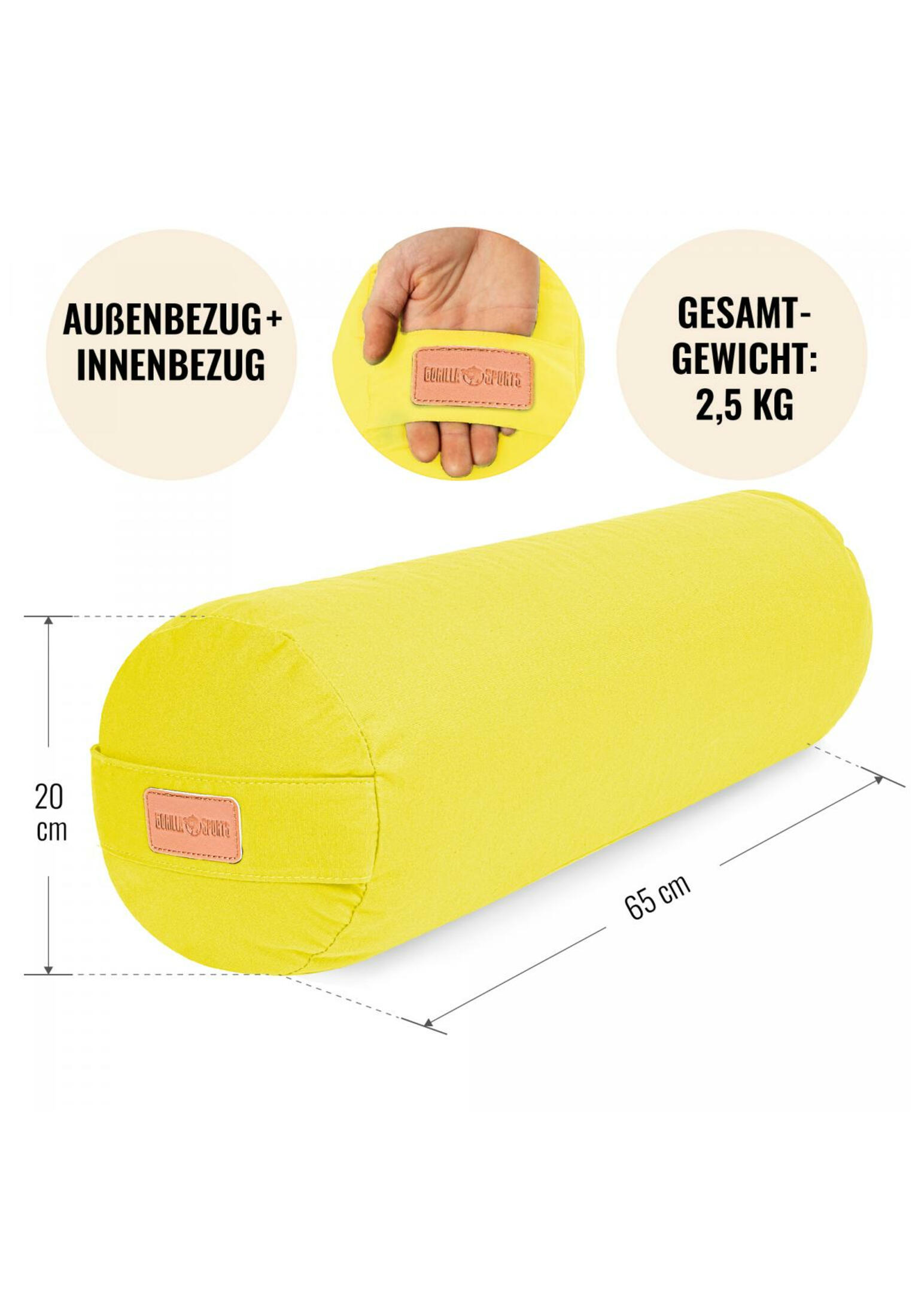 Gorilla Sports Yoga Bolster - Geel - 65 x 20 cm - Yoga kussen - Rond 3/7