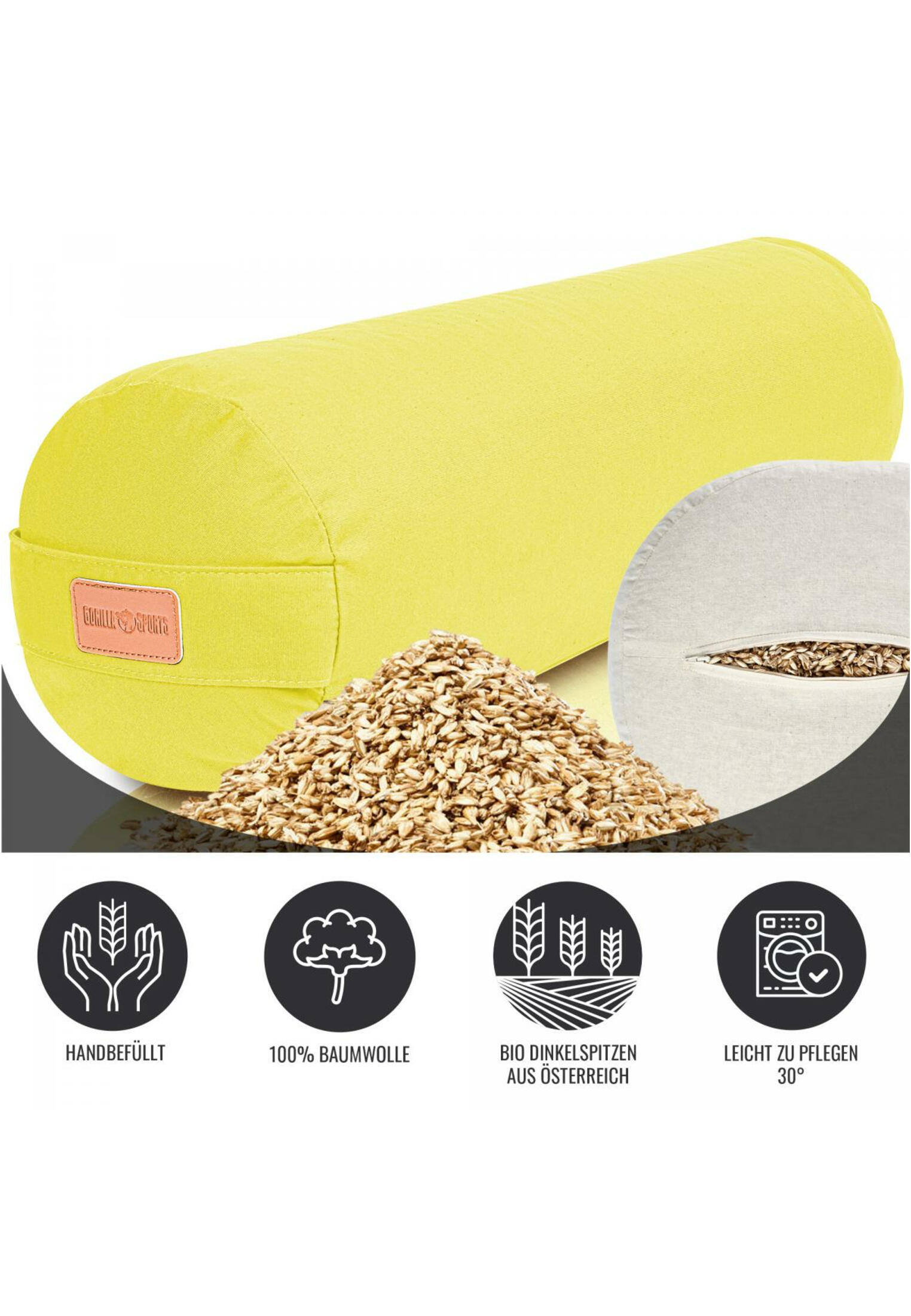 Gorilla Sports Yoga Bolster - Geel - 65 x 20 cm - Yoga kussen - Rond 4/7