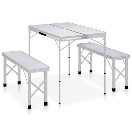 Mesa de camping plegable con 2 bancos aluminio blanco