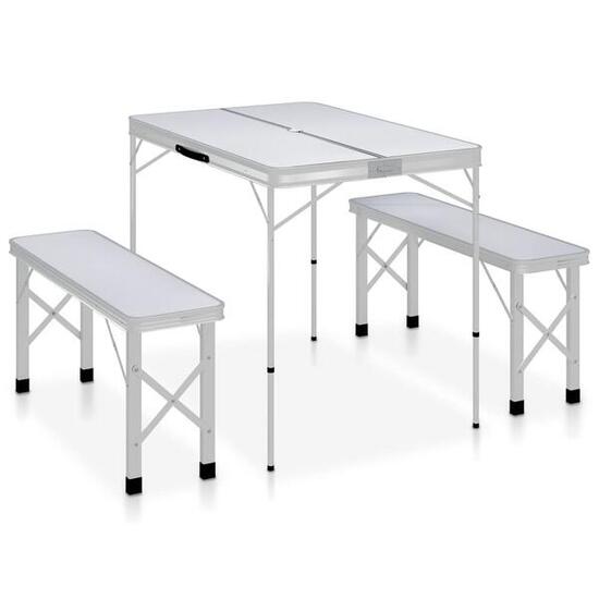 Mesa de camping plegable con 2 bancos aluminio blanco