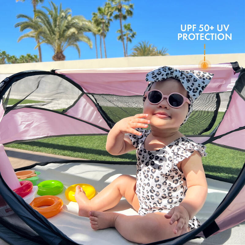 Pătuț Călătorie Multifuncțional Baby Luxe cu saltea autogonflabilă - Roz