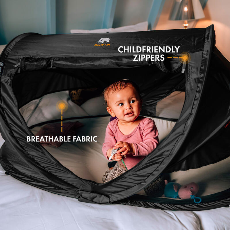 Pătuț de camping de lux Deryan Toddler - include saltea auto-gonflabilă - Negru