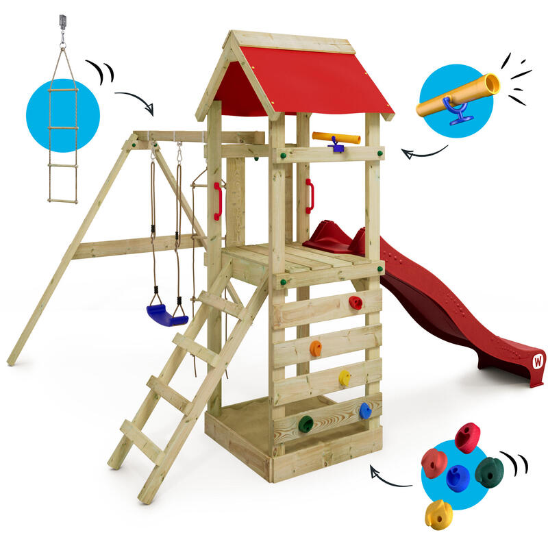 Aire de jeux Portique bois FreeFlyer avec balançoire rouge