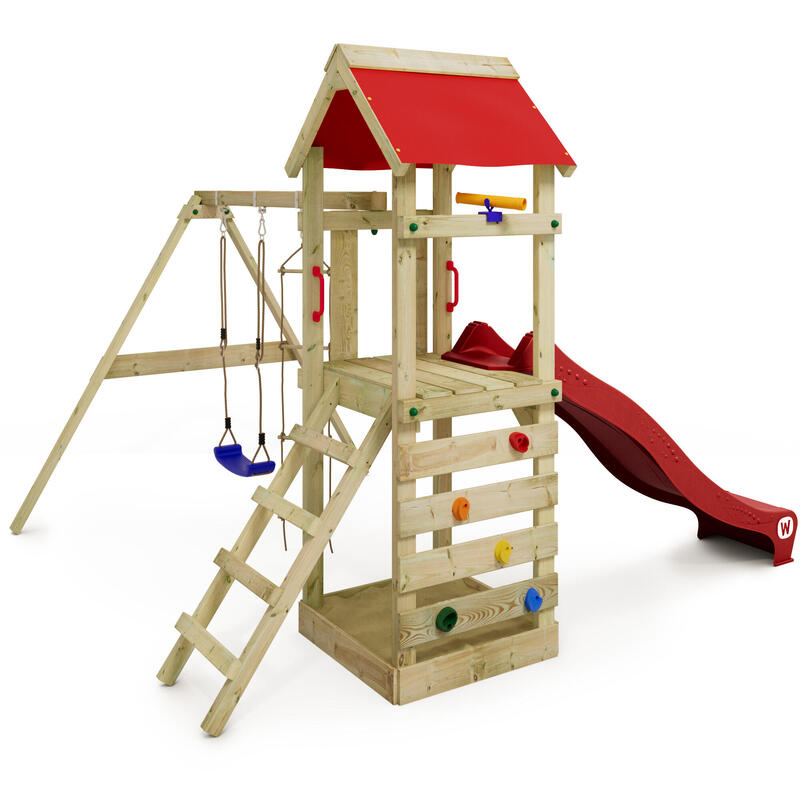 Spielturm Klettergerüst FreeFlyer mit Schaukel & roter Rutsche WICKEY