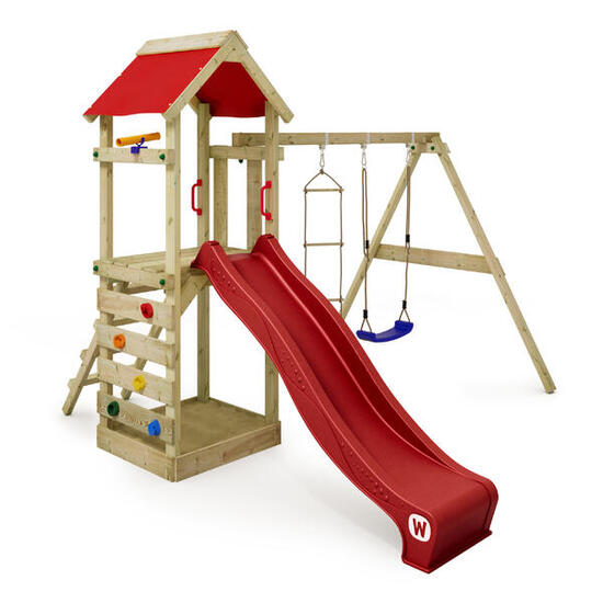 Aire de jeux Portique bois FreeFlyer avec balançoire rouge