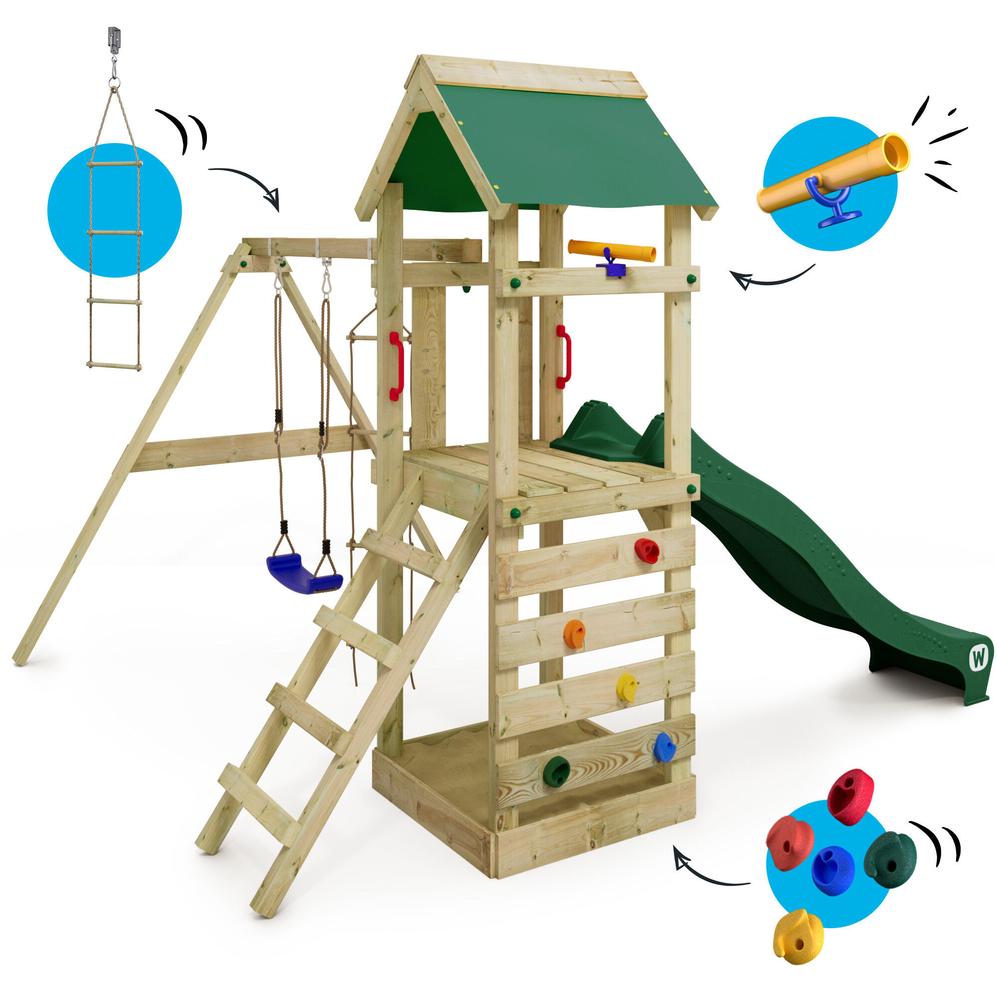 Aire de jeux Portique bois FreeFlyer avec balançoire vert 5/7