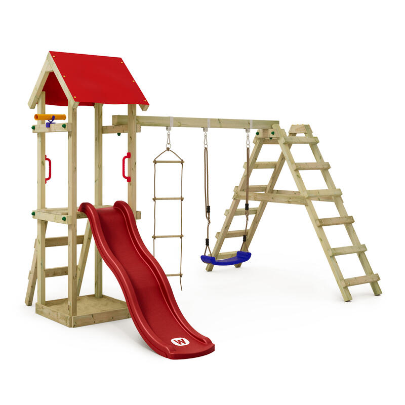 Spielturm Klettergerüst TinyLoft mit Schaukel & roter Rutsche WICKEY