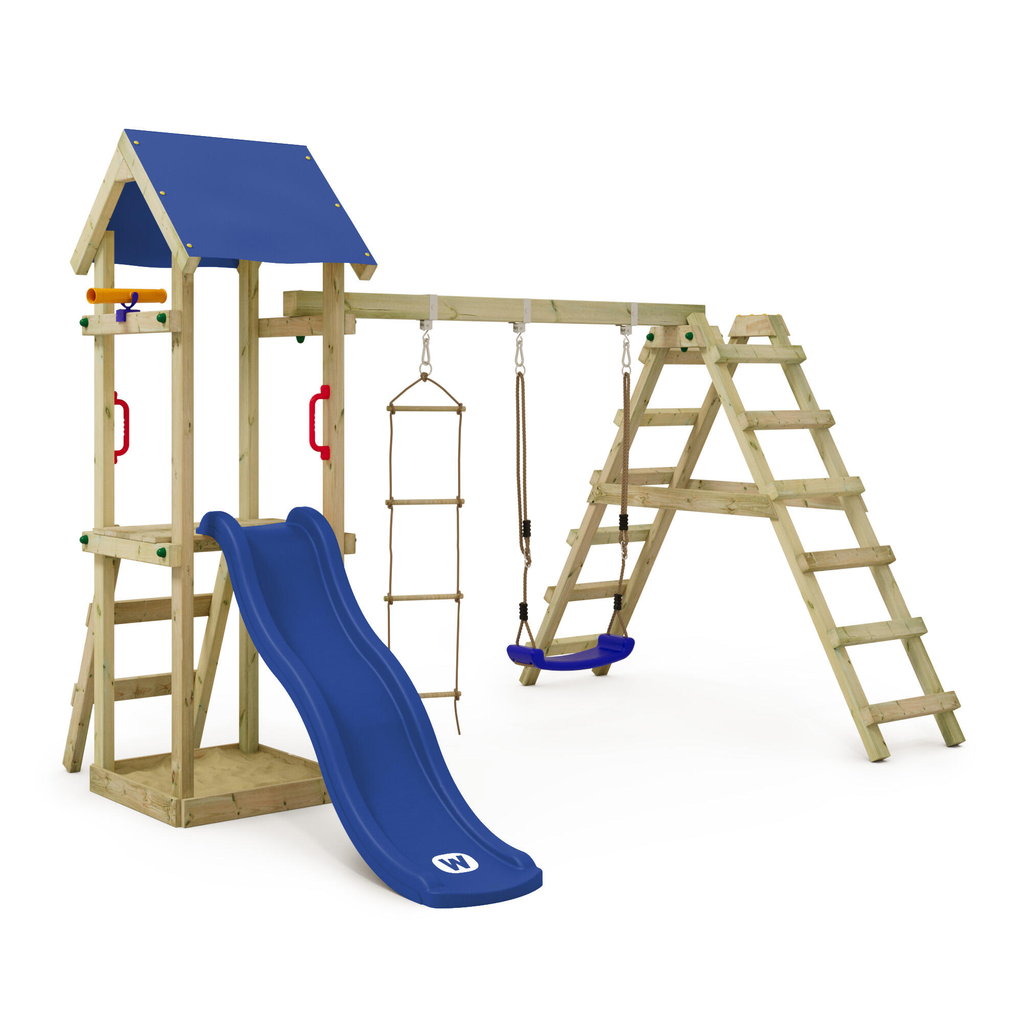 WICKEY TinyLoft speeltoren met schommel & blauwe glijbaan