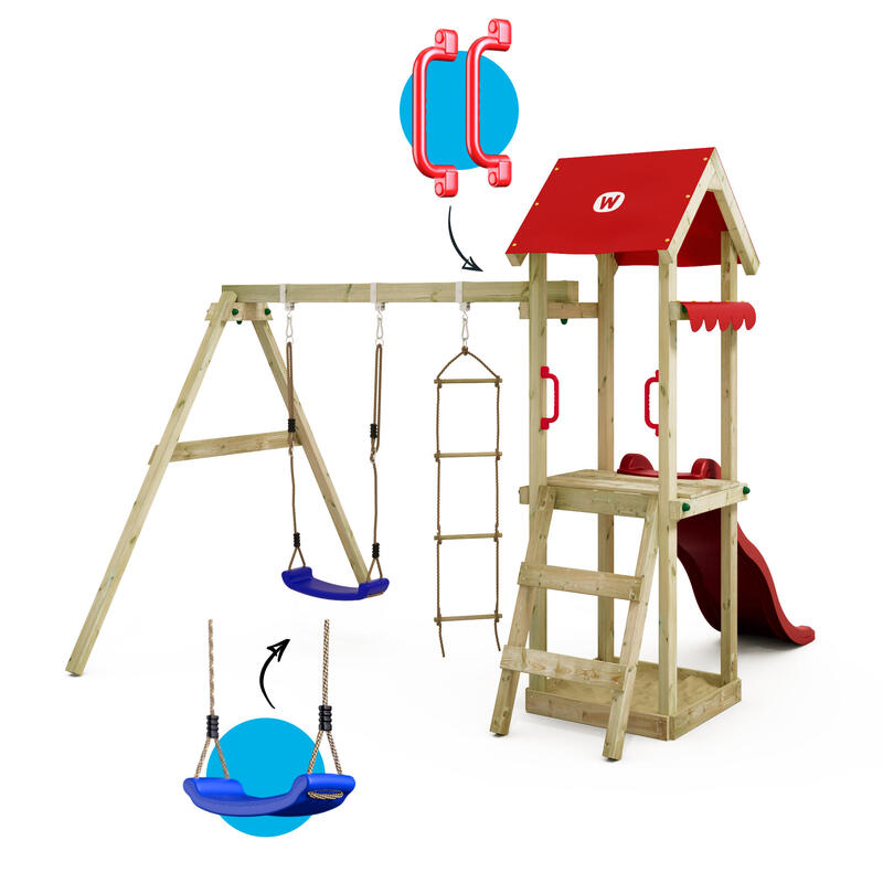 Spielturm Klettergerüst TinyCabin mit Schaukel & roter Rutsche WICKEY