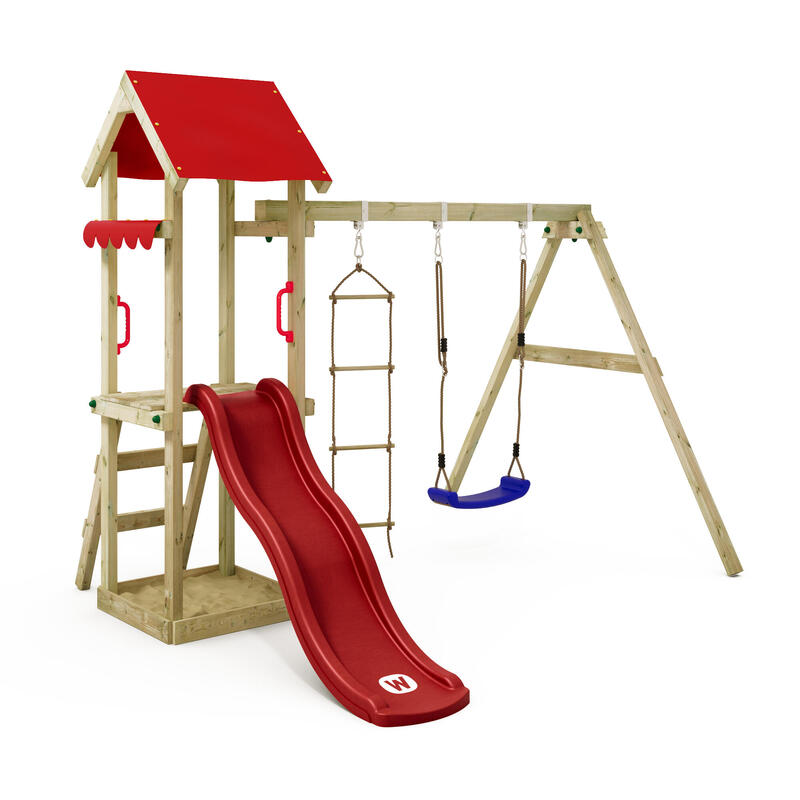 Spielturm Klettergerüst TinyCabin mit Schaukel & roter Rutsche WICKEY