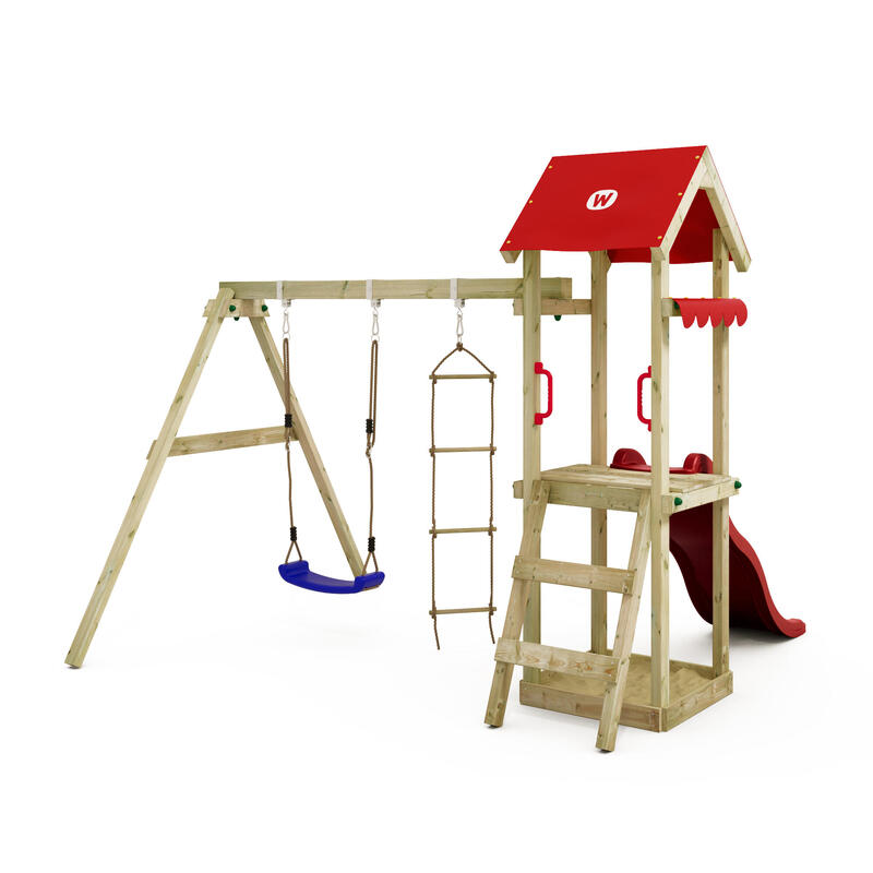 Spielturm Klettergerüst TinyCabin mit Schaukel & roter Rutsche WICKEY