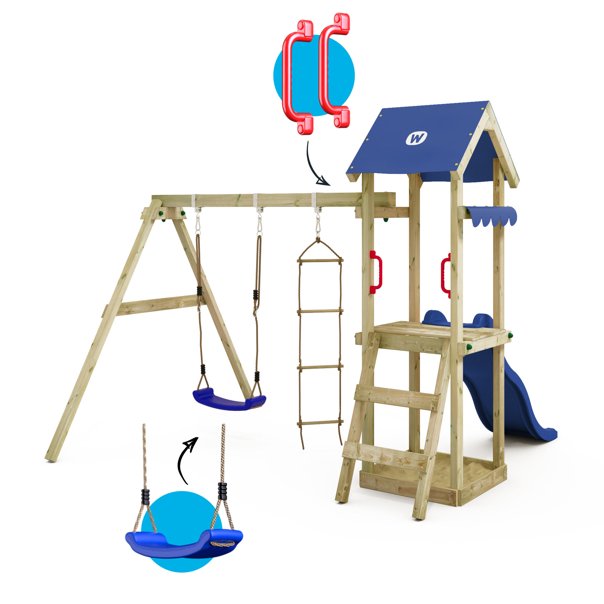 TinyCabin speeltoren met schommel & blauwe glijbaan 5/7