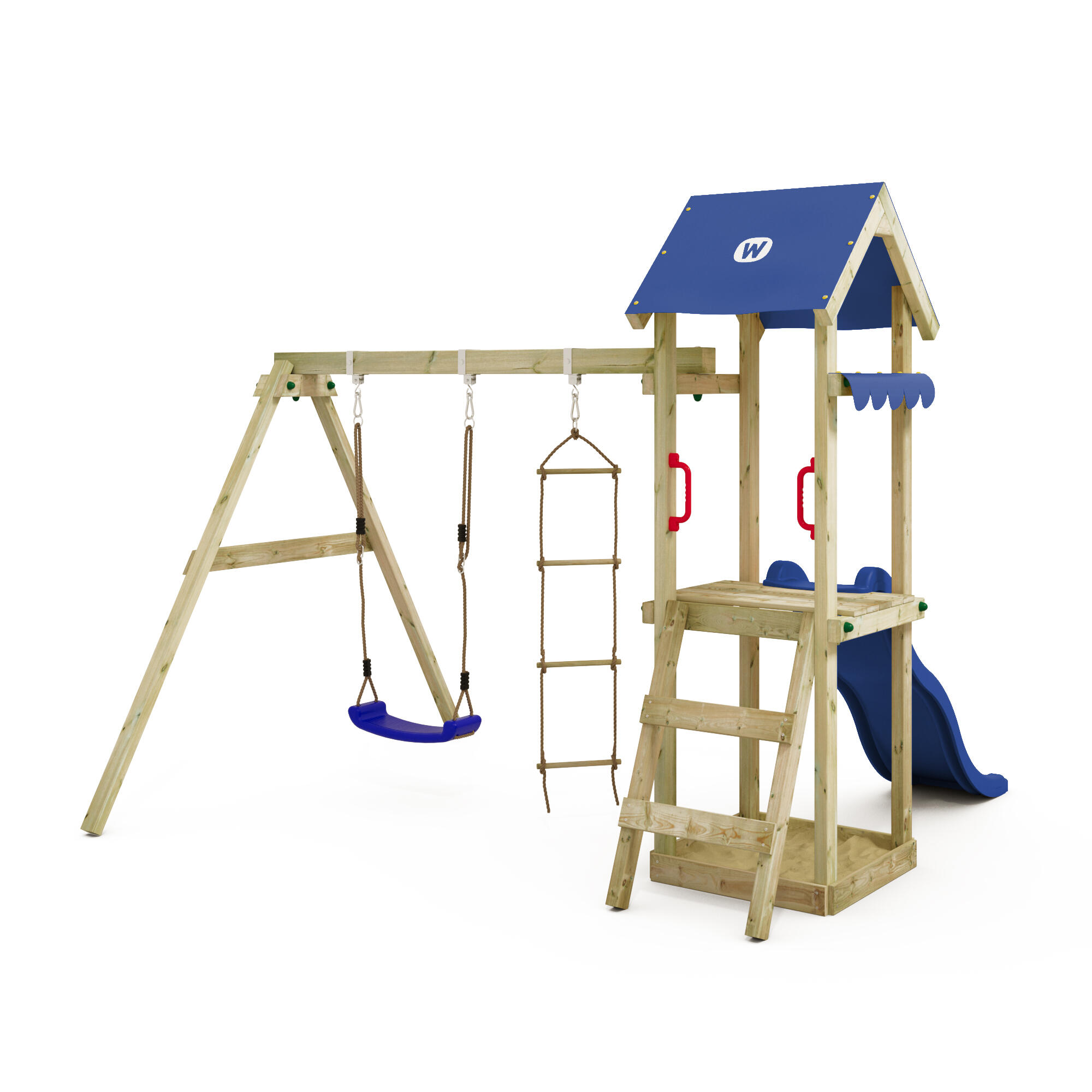 TinyCabin speeltoren met schommel & blauwe glijbaan 2/7