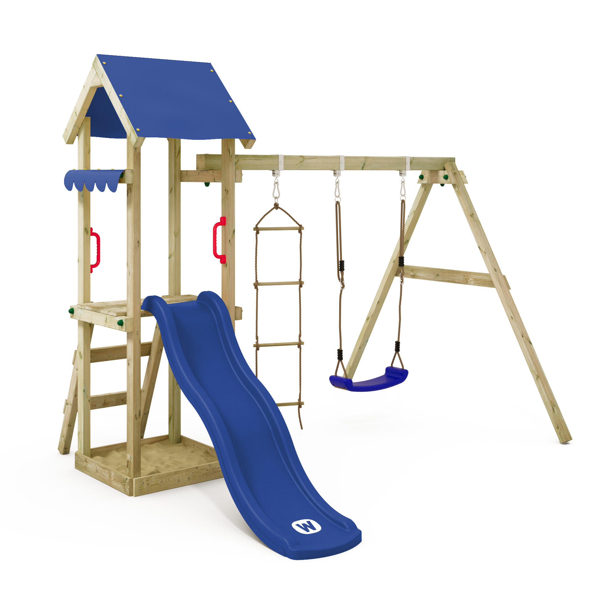 WICKEY Spielturm Klettergerüst TinyCabin mit Schaukel & blauer Rutsche WICKEY