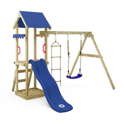 Spielturm Klettergerüst TinyCabin mit Schaukel & blauer Rutsche WICKEY