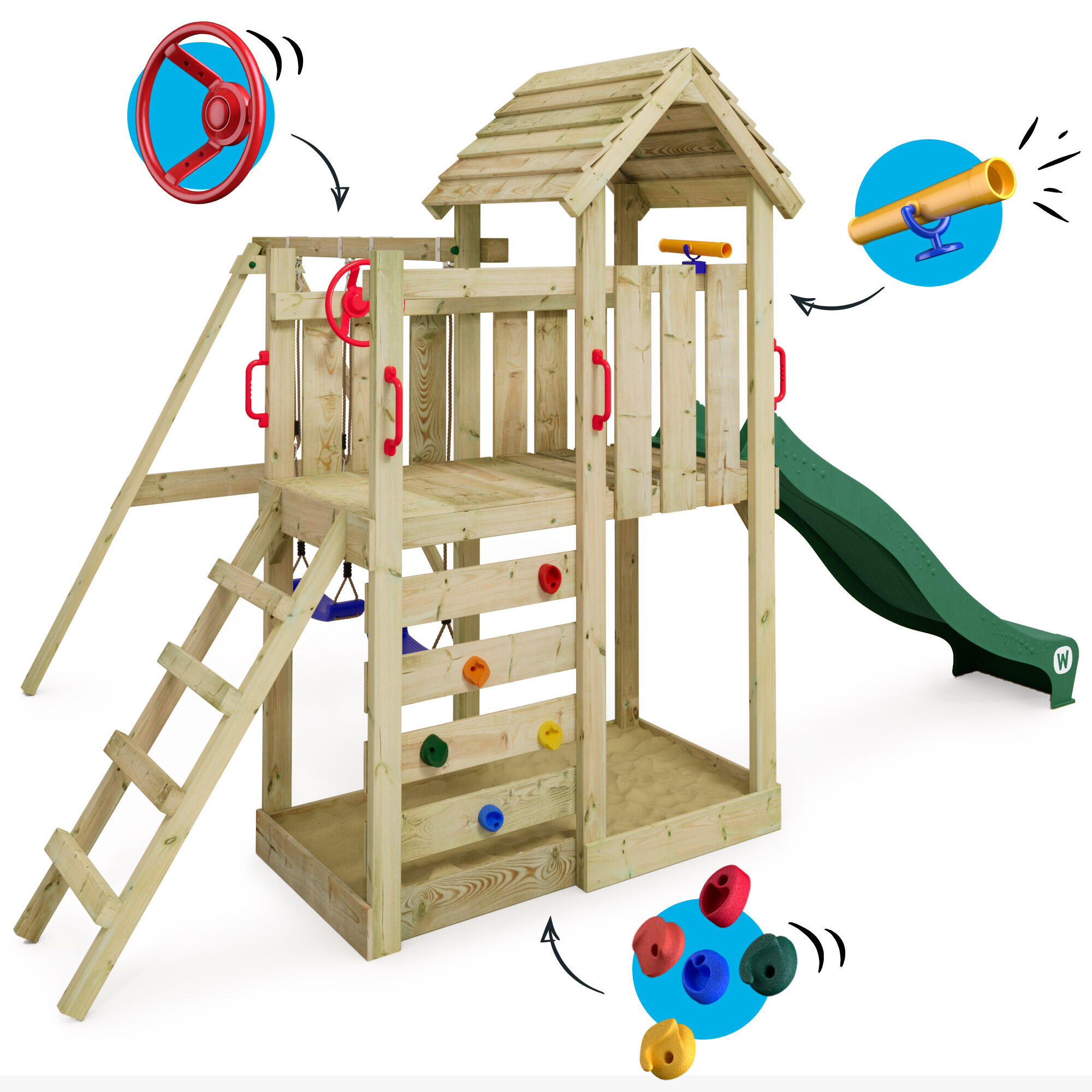 MultiFlyer houten speeltoren met schommel & groene glijbaan 4/7