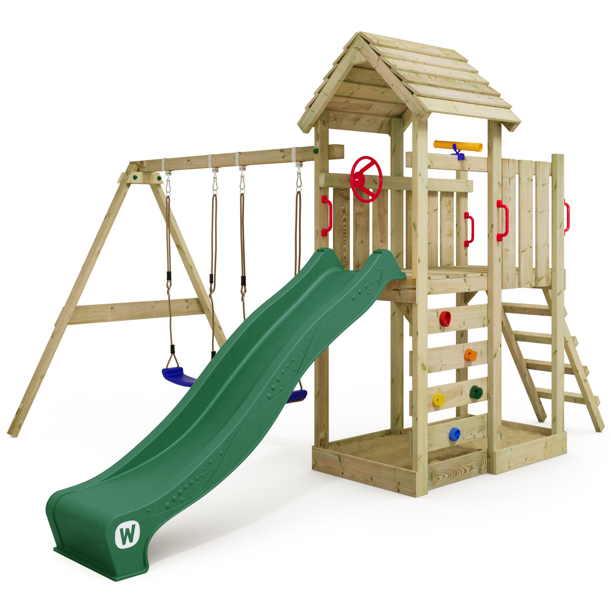 WICKEY Spielturm Klettergerüst MultiFlyer Holzdach mit Schaukel & grüner Rutsche WICKEY