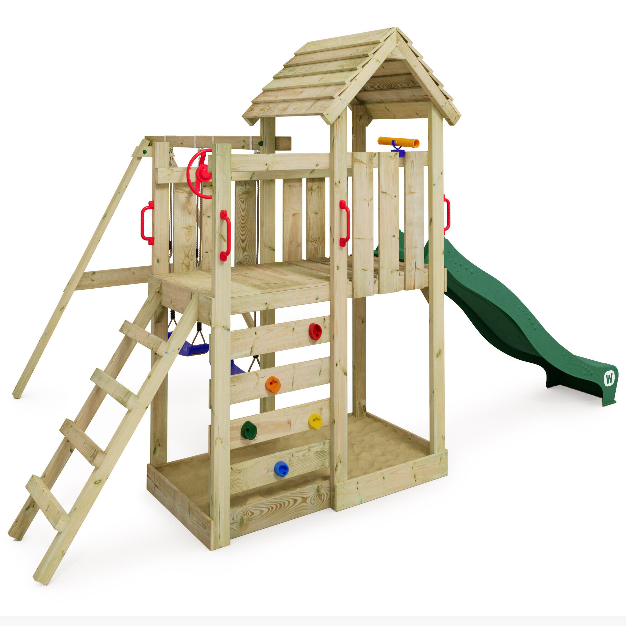 MultiFlyer houten speeltoren met schommel & groene glijbaan 2/7