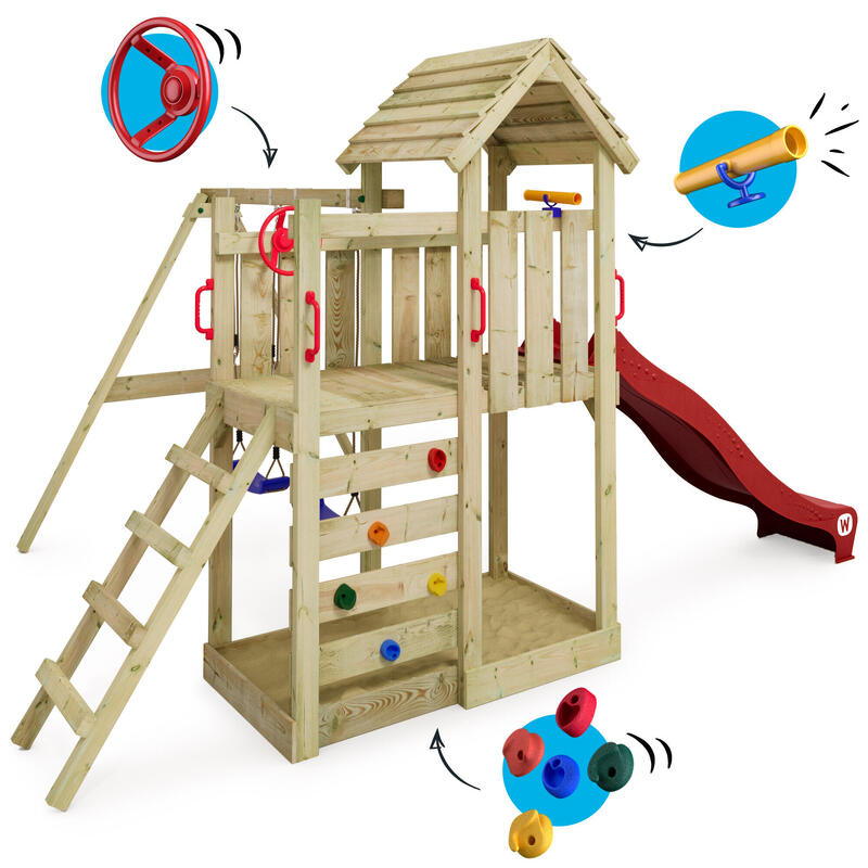 Spielturm Klettergerüst MultiFlyer Holzdach mit Schaukel & roter Rutsche WICKEY